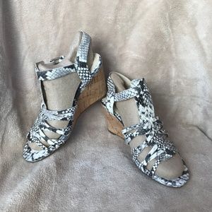 Isaac Mizrahi Leather Snake Wedge Cork Sandals, 6W